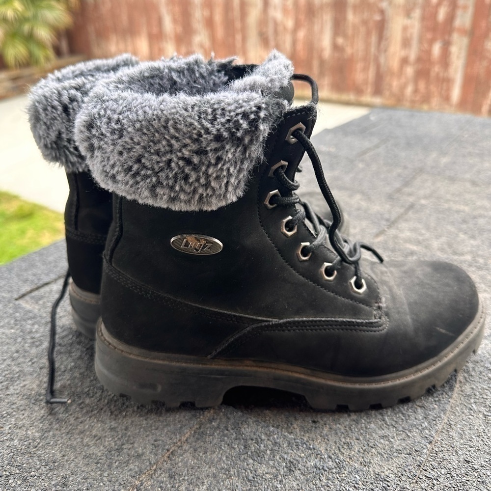 LUGZ Empire Ankle Boots Faux Fur Black Booties Slip Resistant Shoes